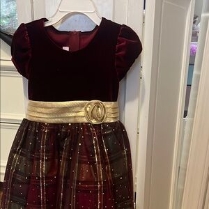 Bonnie Jean Burgundy and Gold Plaid Formal Dress